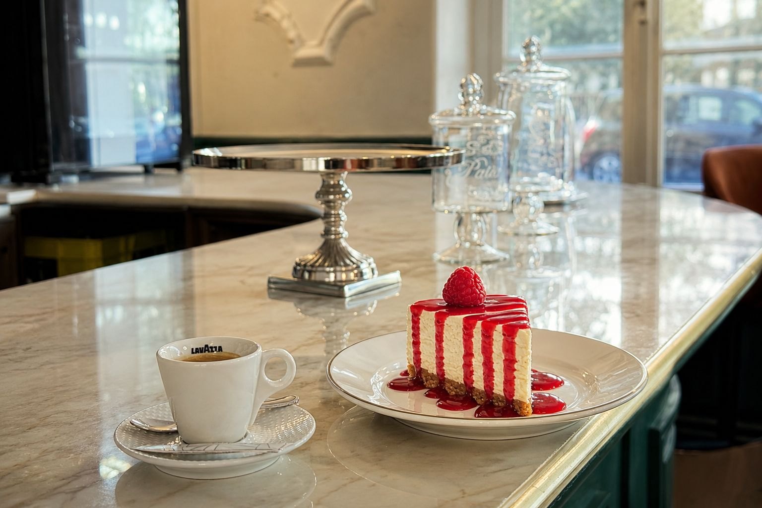 Cheesecake et café servis sur le comptoir de marbre, dans la lumière du matin