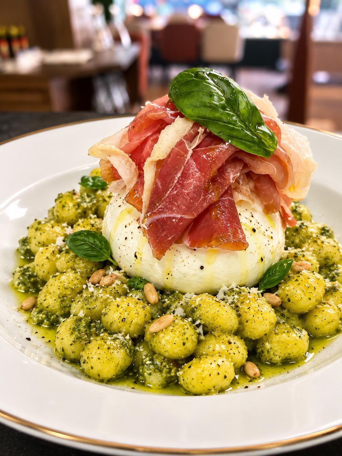 Gnocchis au pesto, burrata et jambon cru, basilic frais et pignons